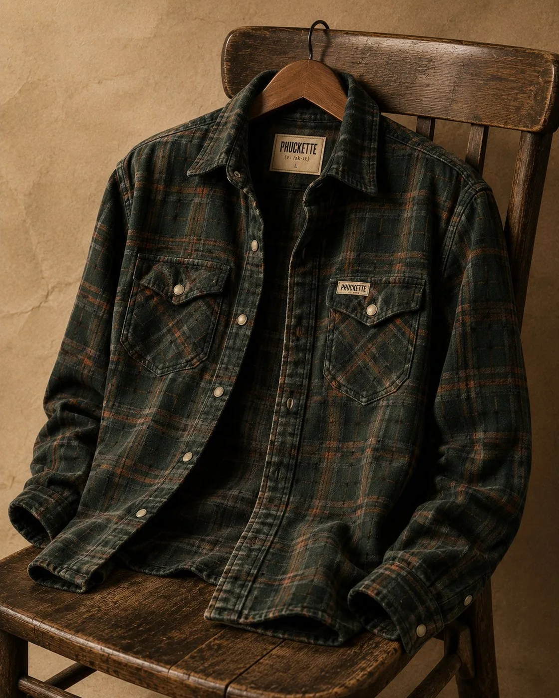 The Drifter Flannel — forest green plaid on wooden chair