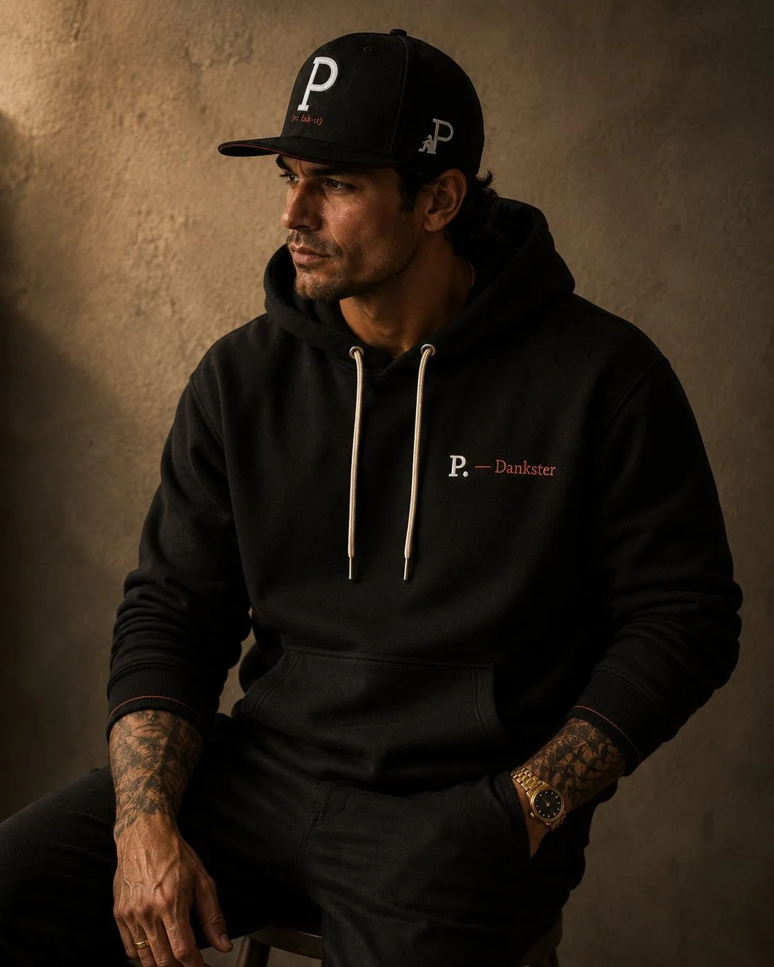 Man wearing the Dankster Hoodie and P-Cap